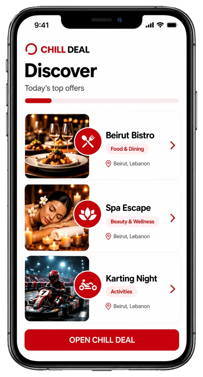 The Chill Deal app Discover screen showing today's top offers in Beirut