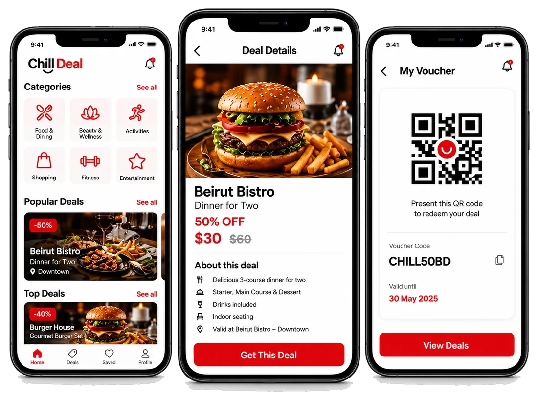 Chill Deal app screens showing categories, a deal and a voucher