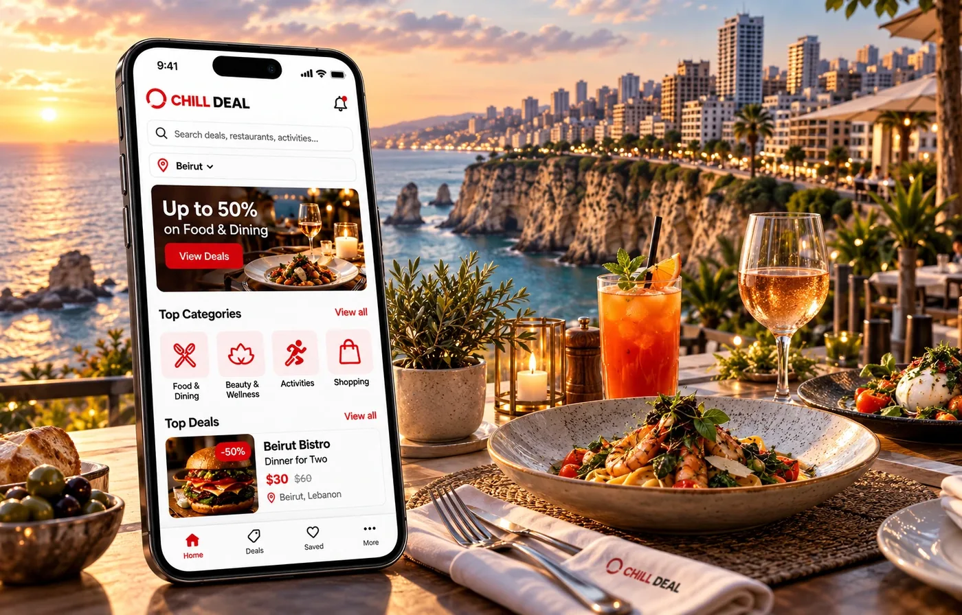 The Chill Deal app shown over a Beirut sunset dining scene