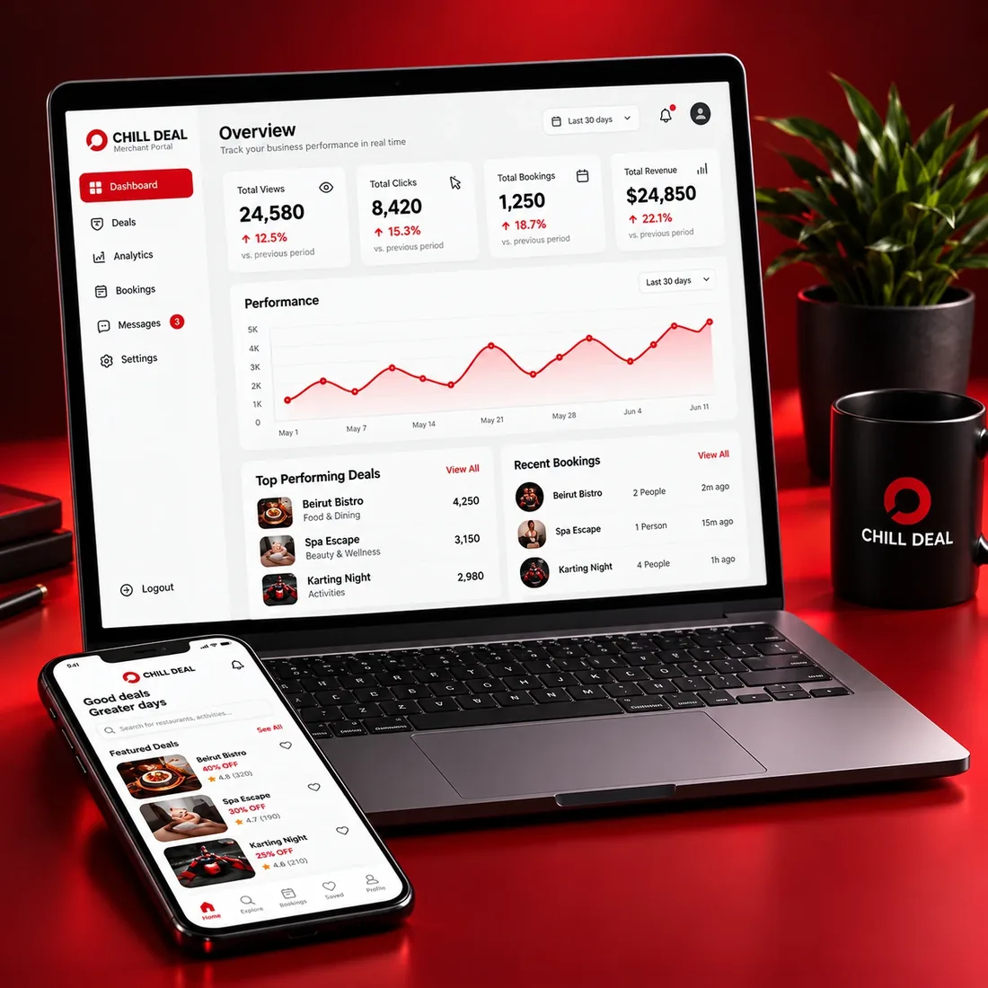 The Chill Deal merchant dashboard on a laptop with the app alongside